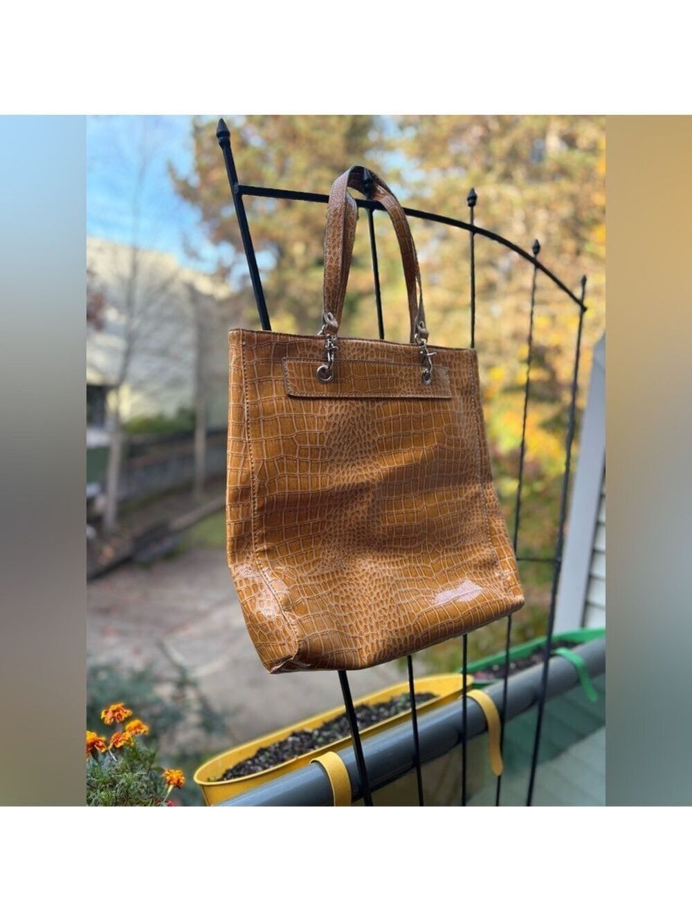 LIKE NEW Embossed Reptile Pattern Embossed Yellow Fashion Tote Bag - Picture 16 of 16